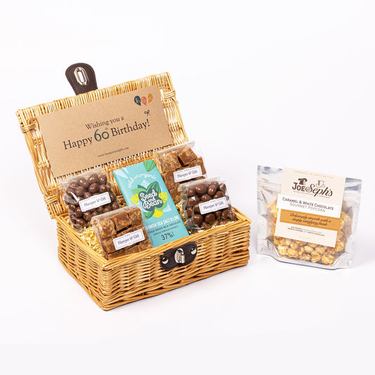 60th Birthday Hamper filled with chocolate, fudge and gourmet popcorn