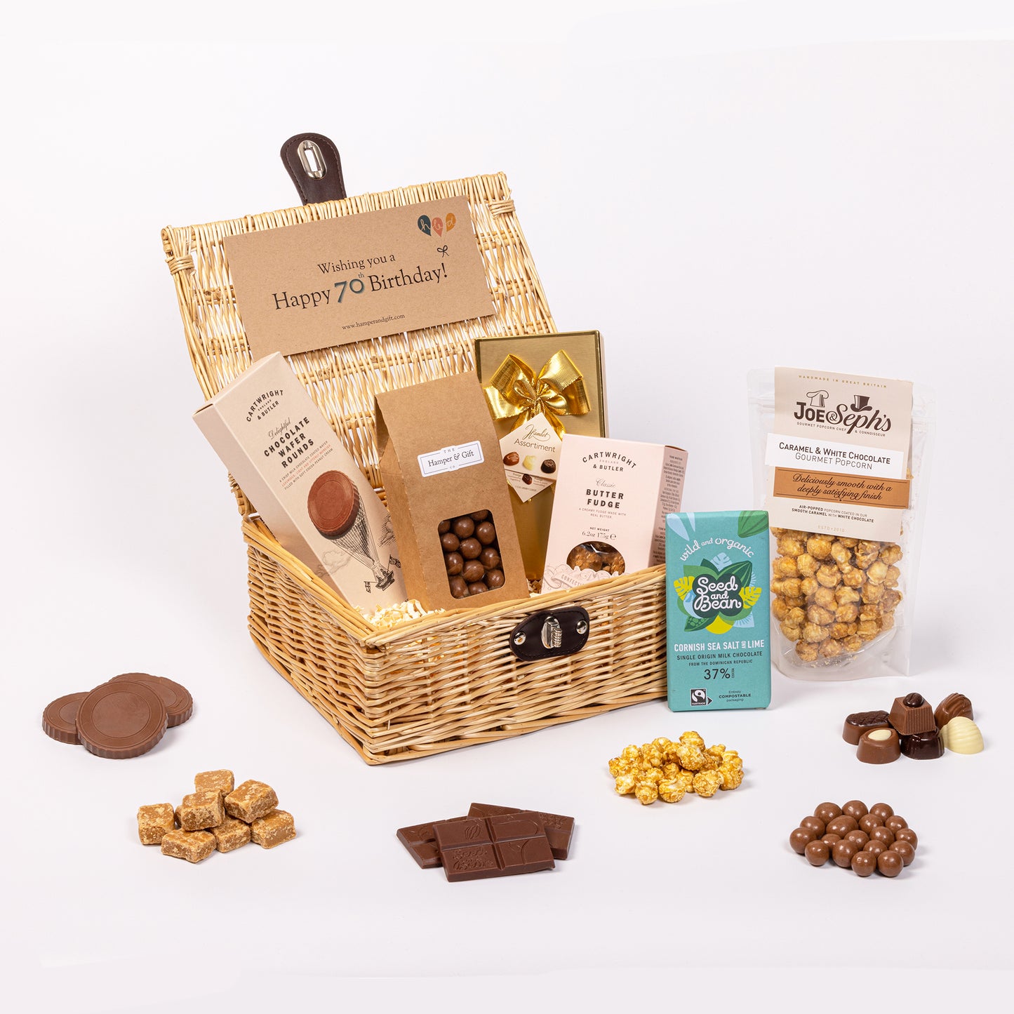 70th Birthday Chocolate & Fudge Hamper filled with a variety of chocolate, fudge, biscuit and gourmet popcorn