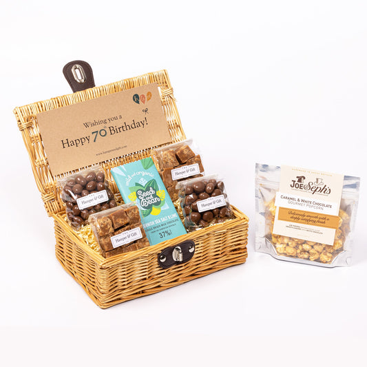 70th Birthday Hamper filled with chocolate, fudge and gourmet popcorn