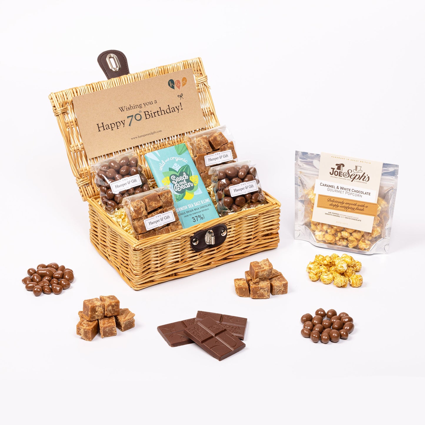 70th Birthday Hamper filled with chocolate, fudge and gourmet popcorn with scattered confectionery