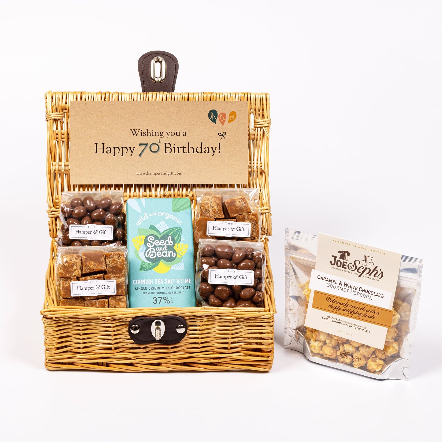 70th Birthday Hamper filled with chocolate, fudge and gourmet popcorn 