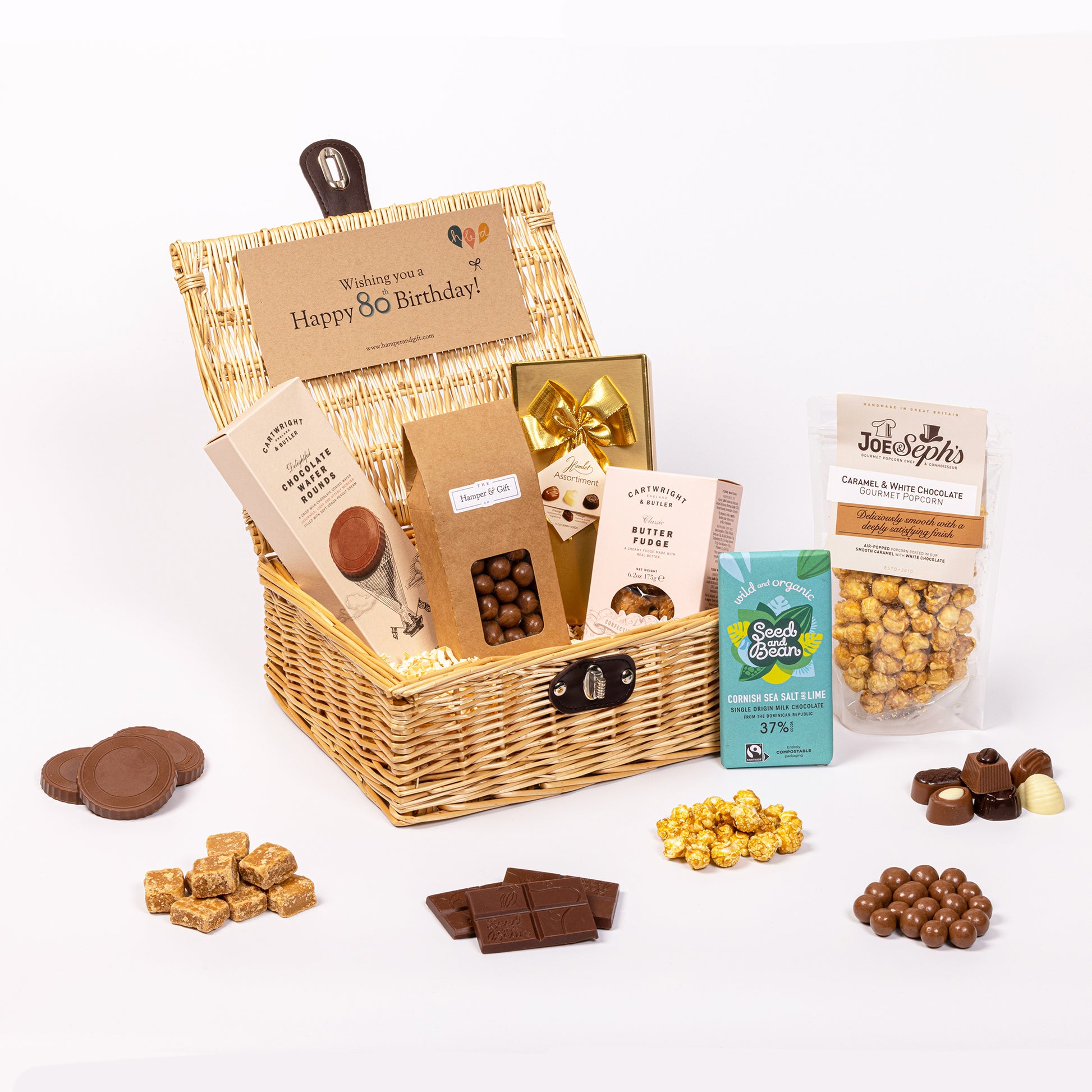 80th Birthday Chocolate & Fudge Hamper filled with a variety of chocolate, fudge, biscuit and gourmet popcorn