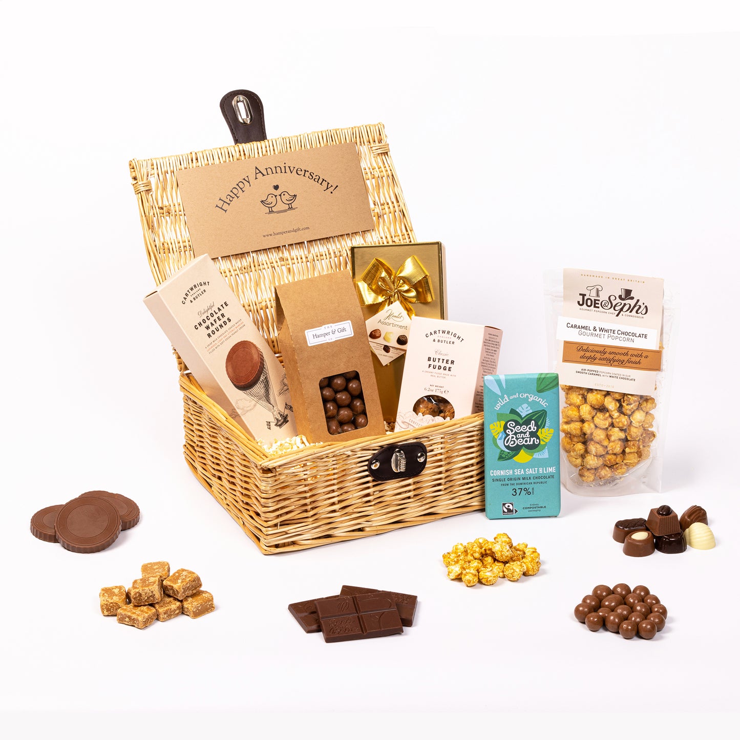 Anniversary Chocolate & Fudge Hamper filled with a variety of chocolate, fudge, biscuit and gourmet popcorn