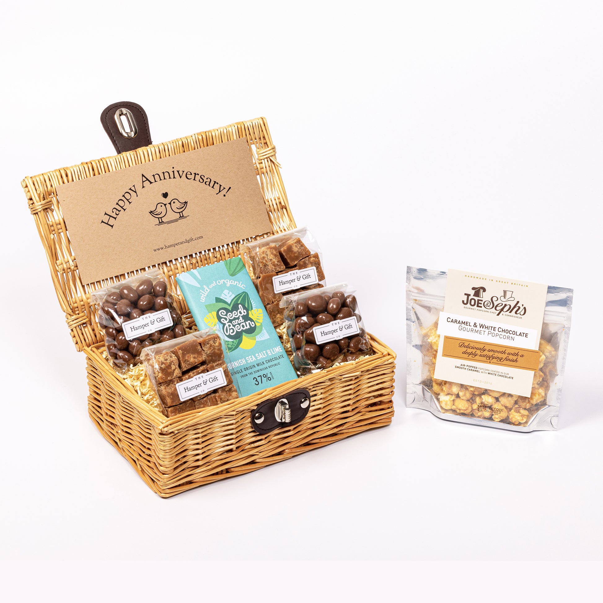 Little Anniversary Hamper filled with chocolate, fudge and gourmet popcorn