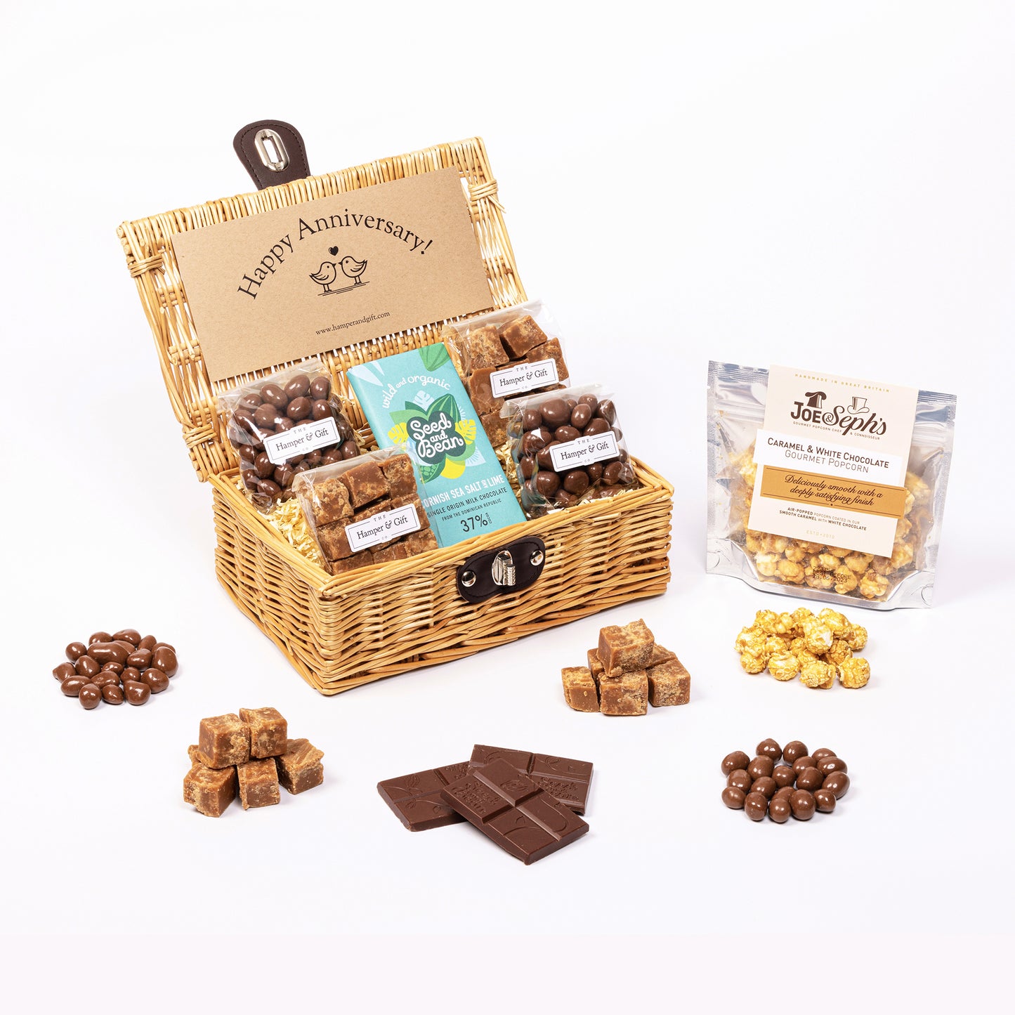 Little Anniversary Hamper filled with chocolate, fudge and gourmet popcorn