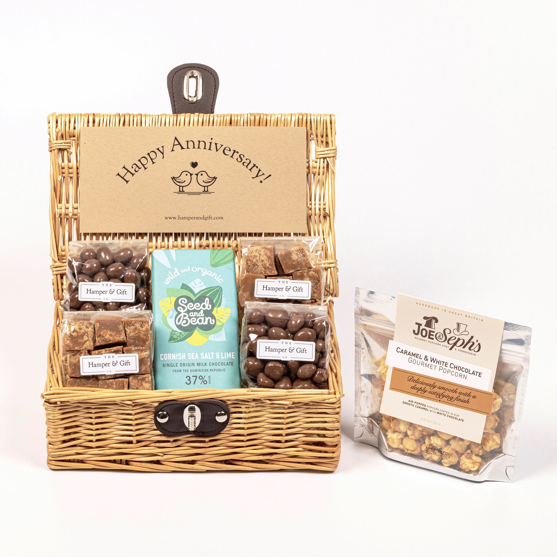 Little Anniversary Hamper filled with chocolate, fudge and gourmet popcorn