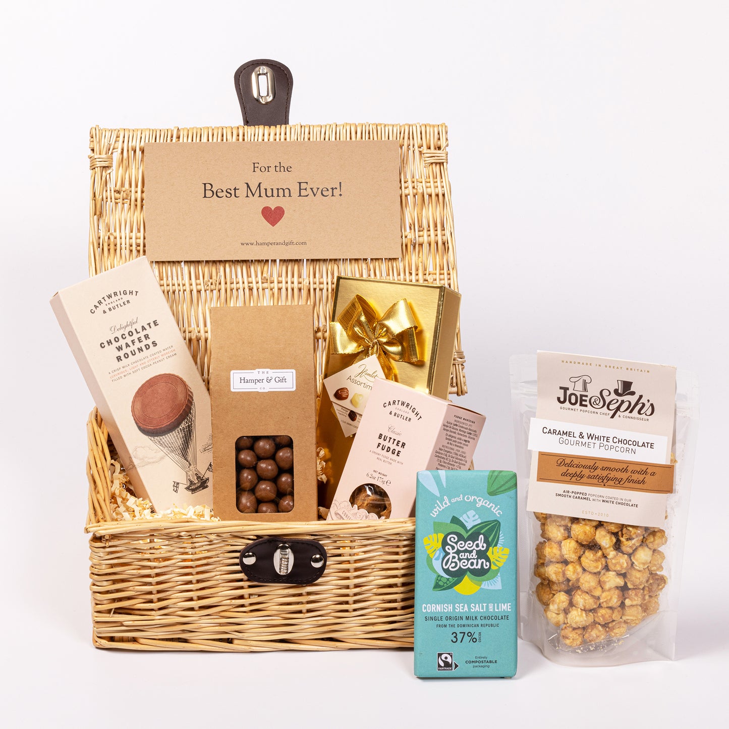 Best Mum Chocolate & Fudge Hamper filled with a variety of chocolate, fudge, biscuit and gourmet popcorn