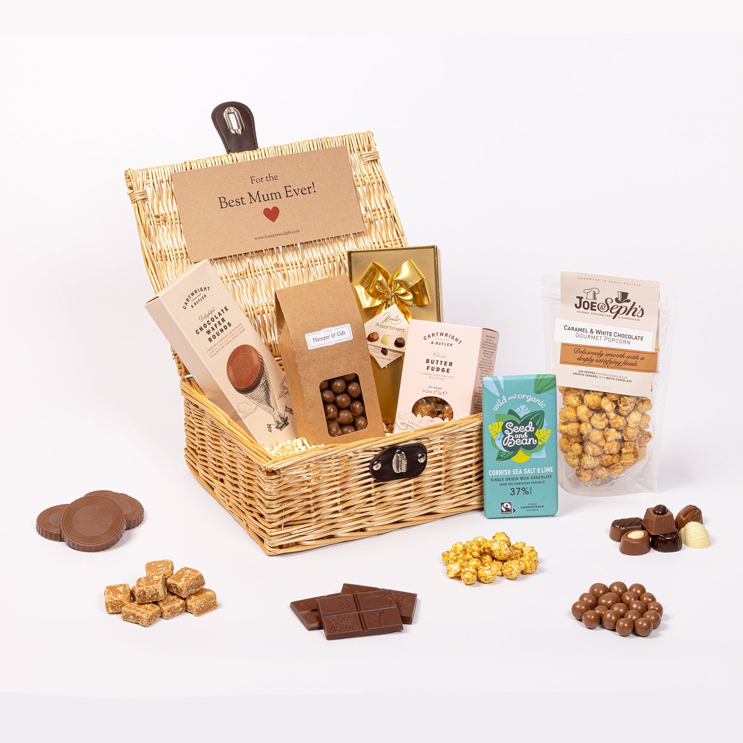 Best Mum Chocolate & Fudge Hamper filled with a variety of chocolate, fudge, biscuit and gourmet popcorn