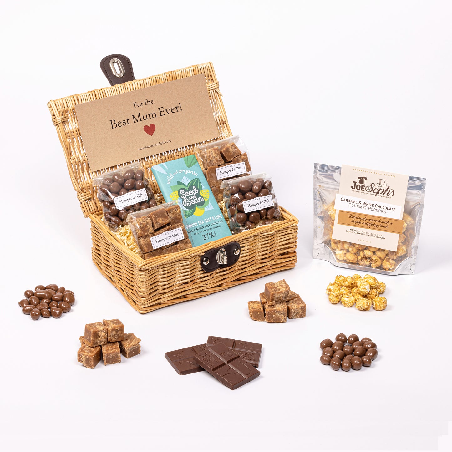 Best Mum Hamper filled with chocolate, fudge and gourmet popcorn