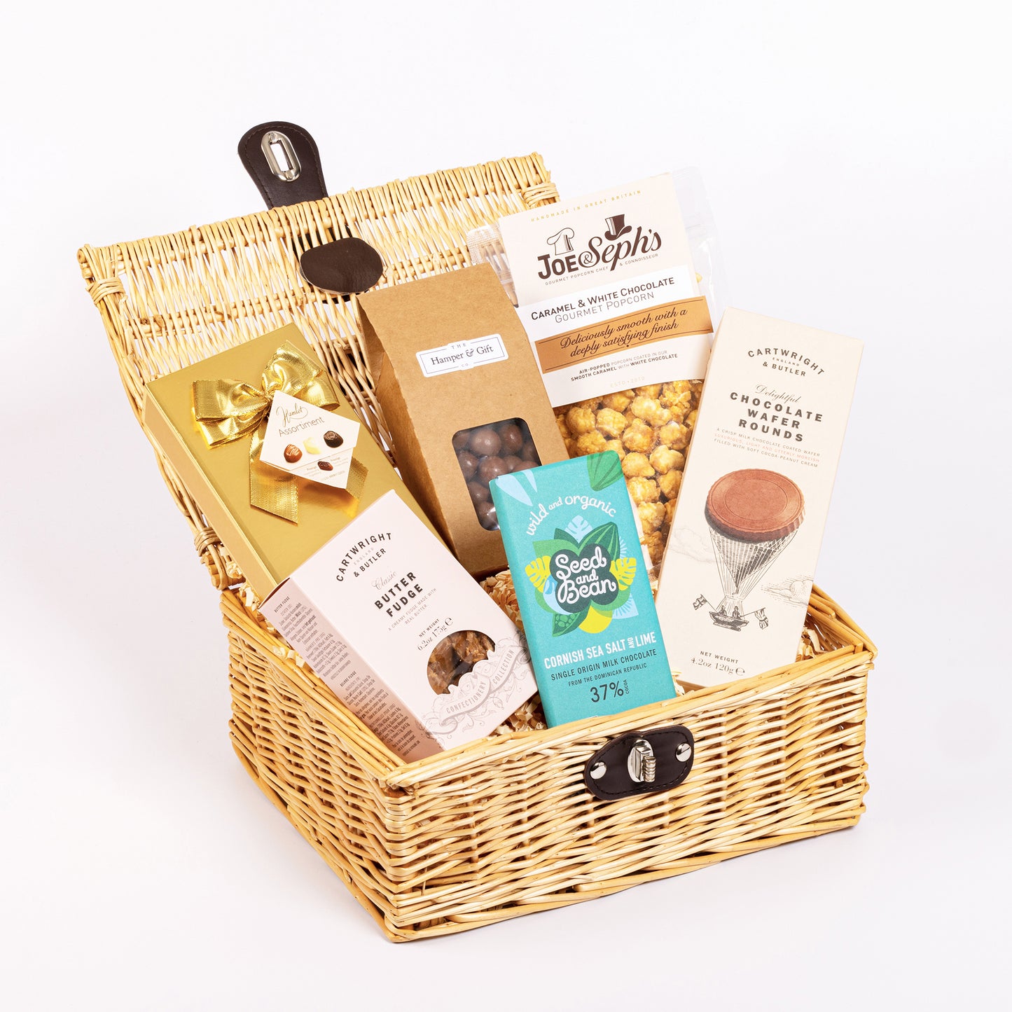 Chocolate & Fudge Hamper filled with a variety of chocolate, fudge, biscuit and gourmet popcorn