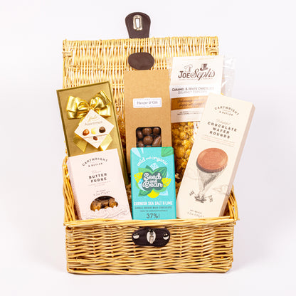 Chocolate & Fudge Hamper filled with a variety of chocolate, fudge, biscuit and gourmet popcorn