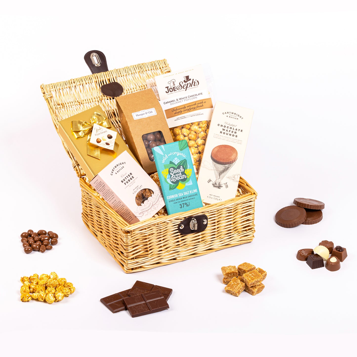 Chocolate & Fudge Hamper filled with a variety of chocolate, fudge, biscuit and gourmet popcorn