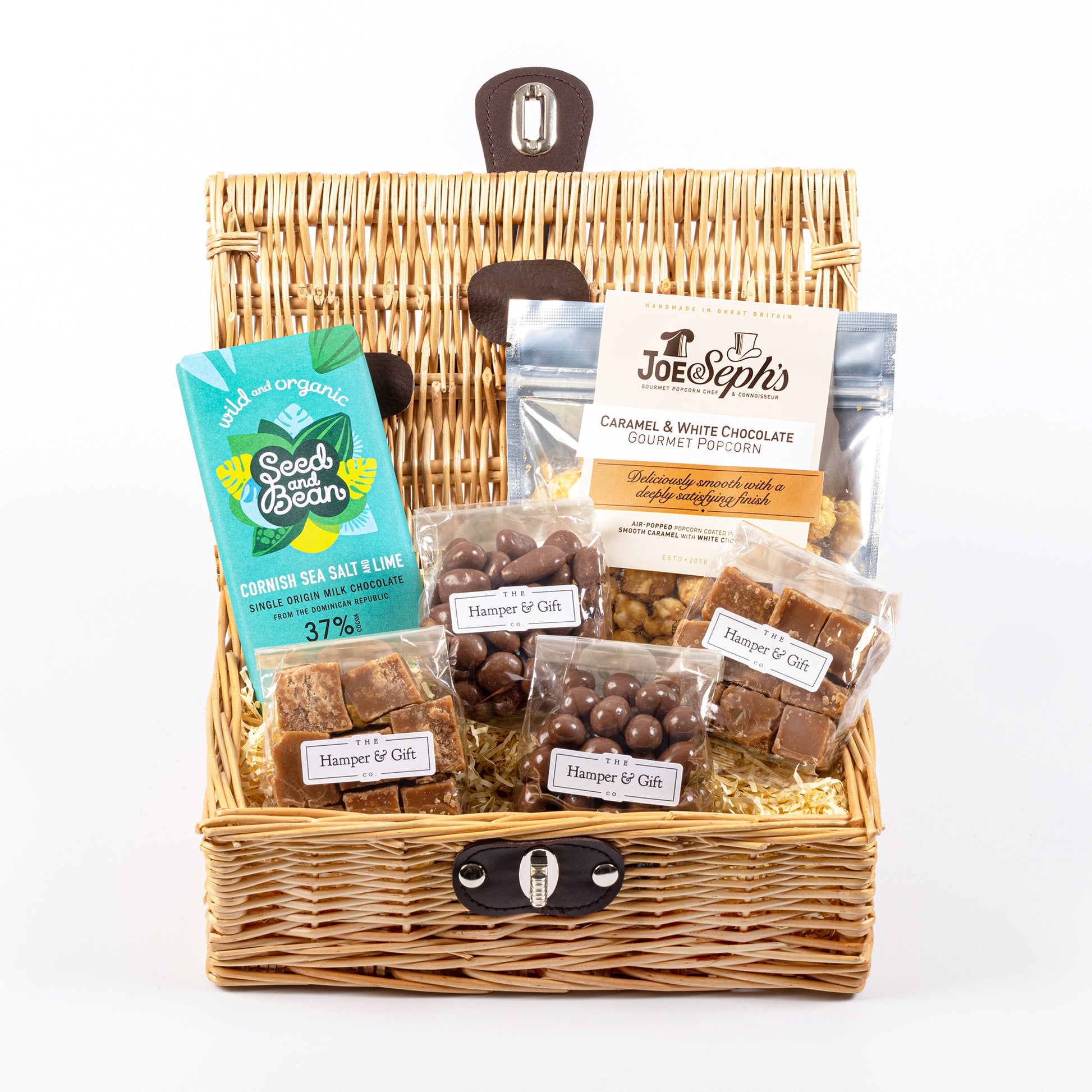 Little Chocolate & Fudge Hamper filled with a variety of chocolate and gourmet popcorn