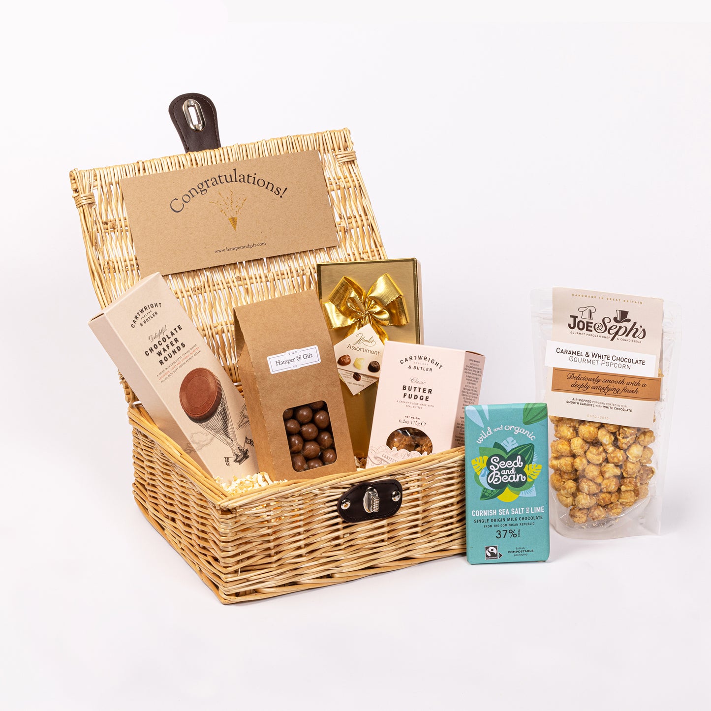 Congratulations Chocolate & Fudge Hamper filled with a variety of chocolate, fudge, biscuit and gourmet popcorn