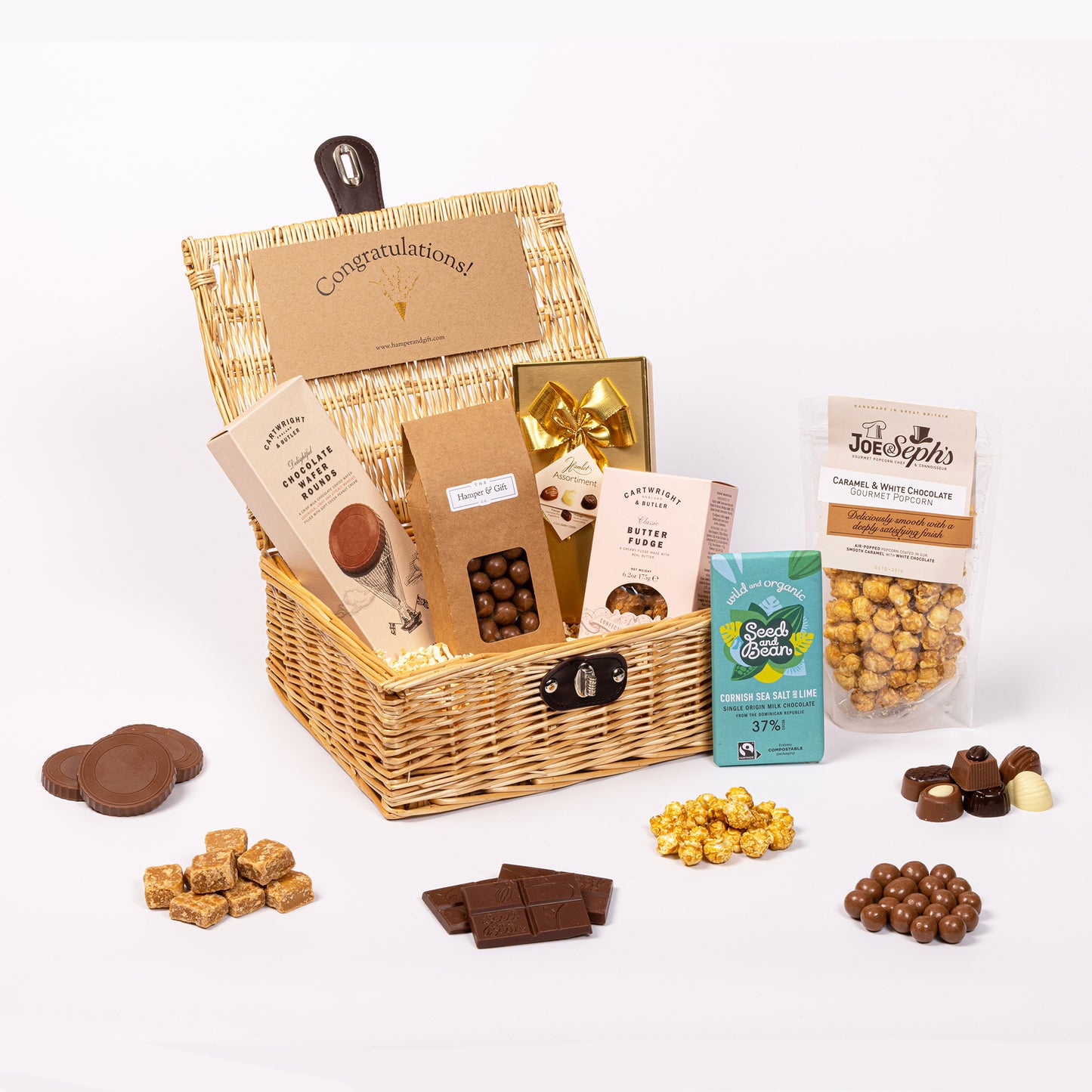 Congratulations Chocolate & Fudge Hamper filled with a variety of chocolate, fudge, biscuit and gourmet popcorn