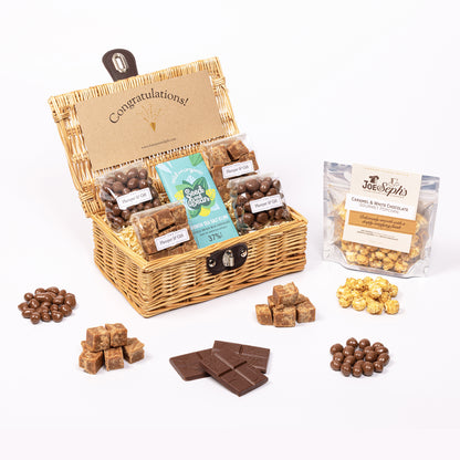 Congratulations Hamper filled with chocolate, fudge and gourmet popcorn