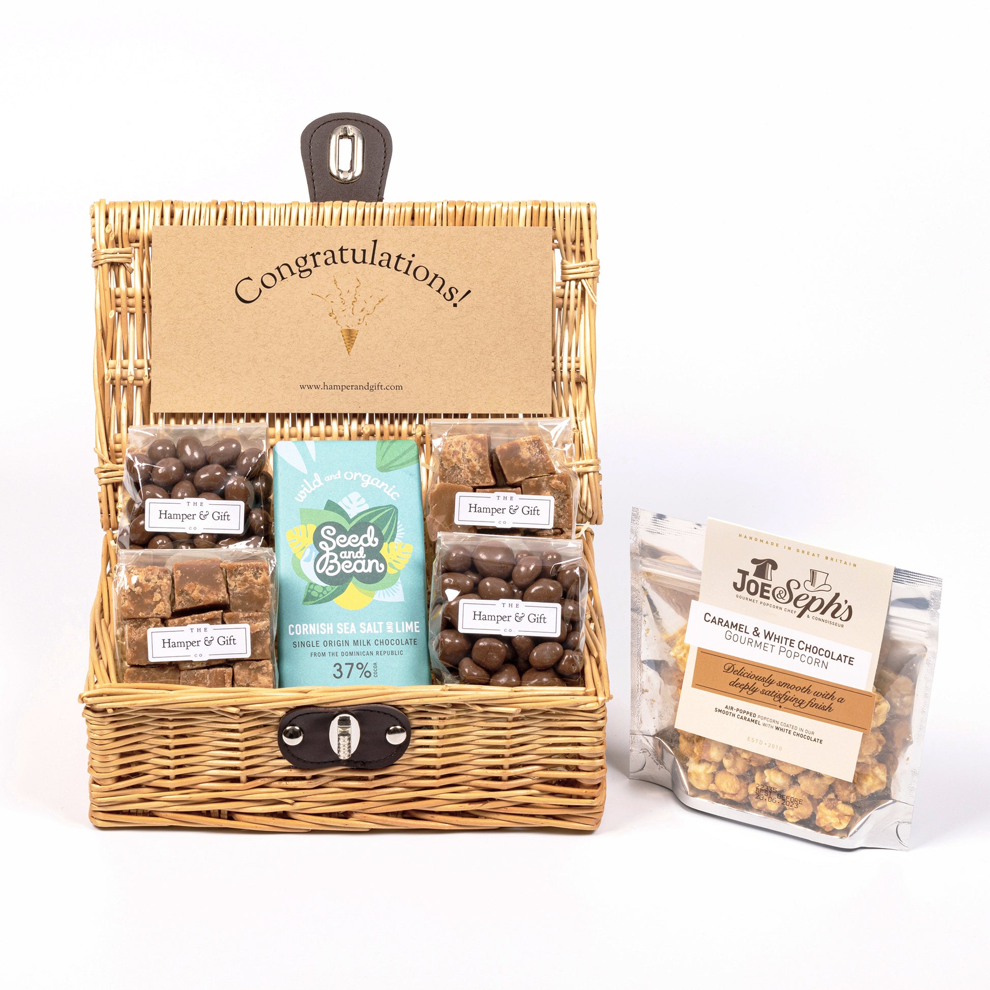 Congratulations Hamper filled with chocolate, fudge and gourmet popcorn