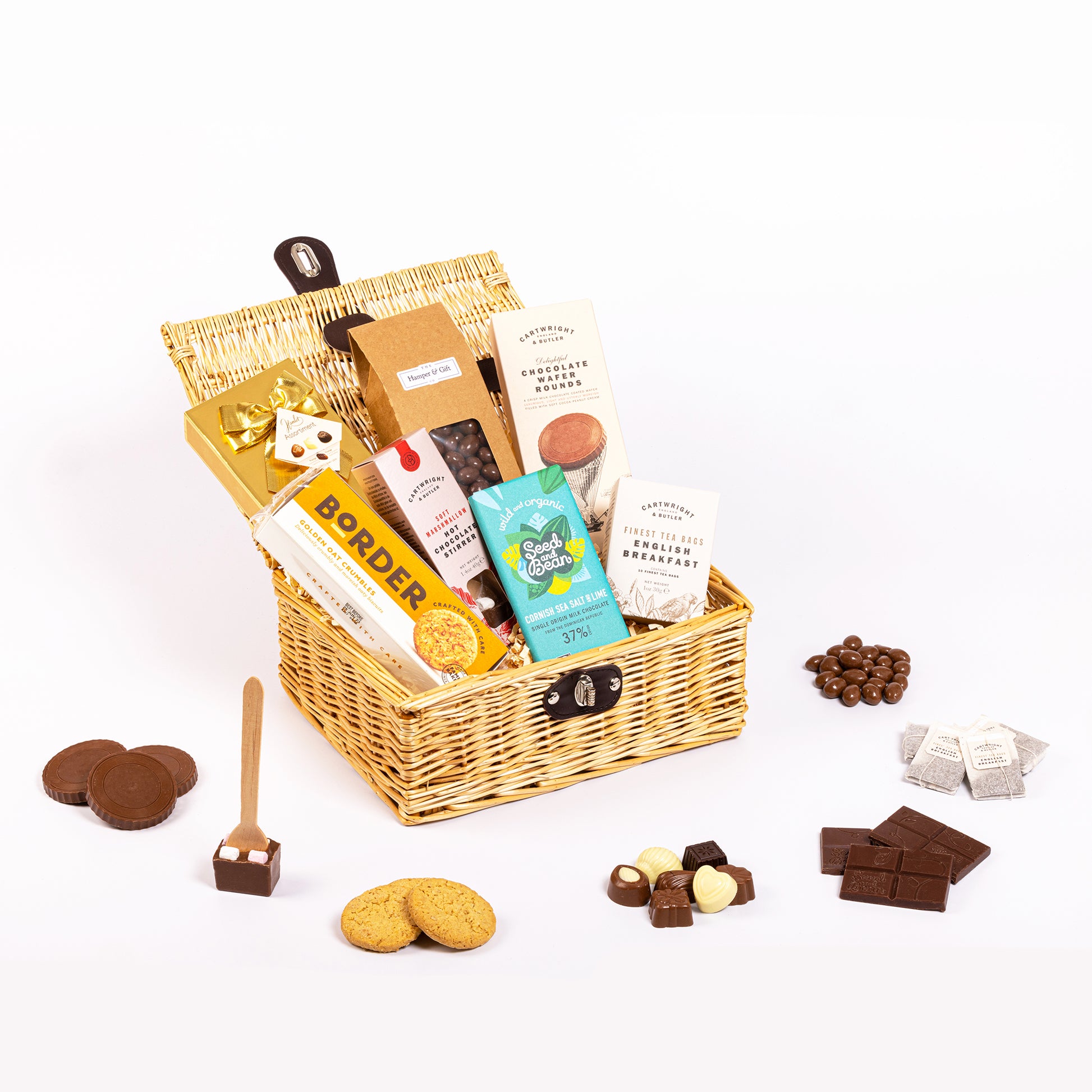 Cosy Night In Hamper filled with 7 chocolate, biscuit & tea items.