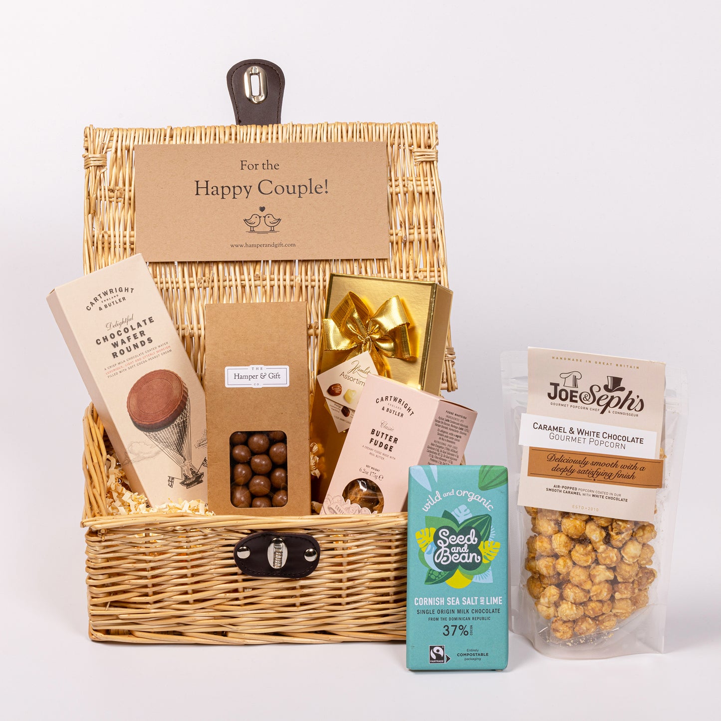 Happy Couple Chocolate & Fudge Hamper filled with a variety of chocolate, fudge, biscuit and gourmet popcorn