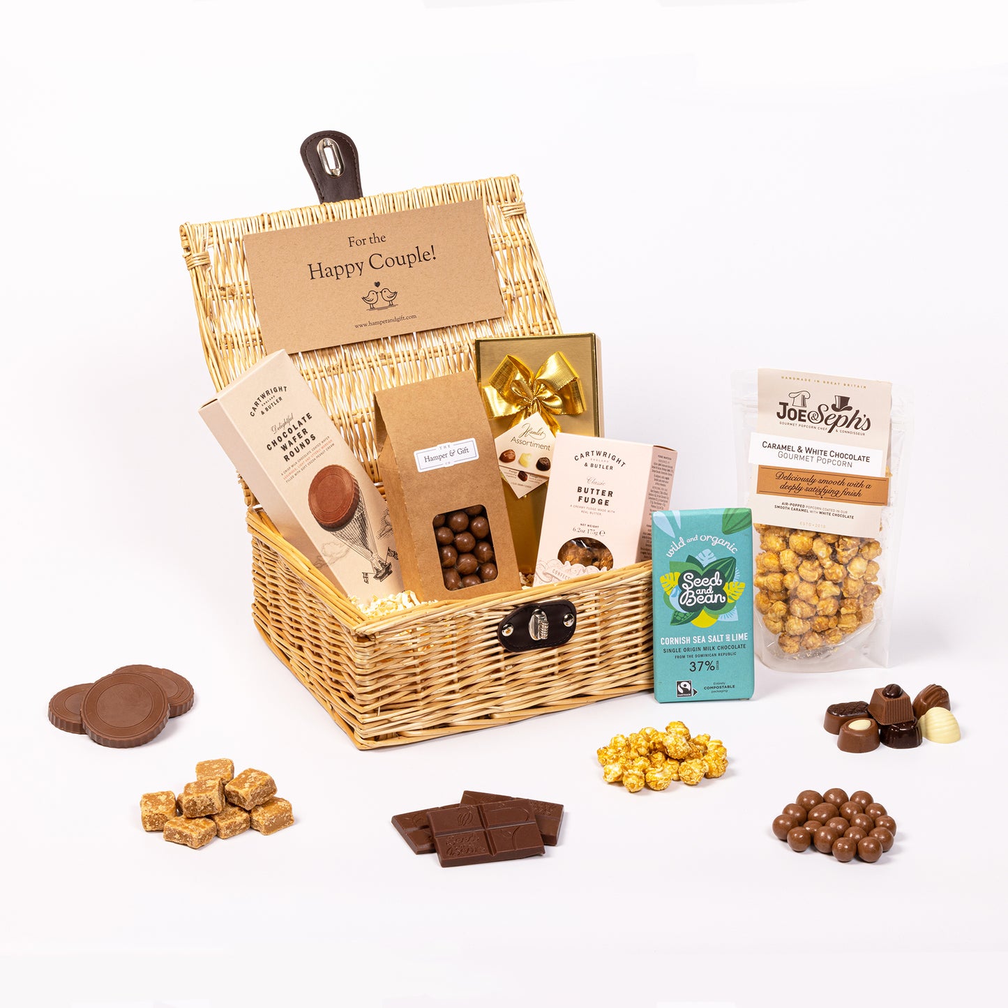 Happy Couple Chocolate & Fudge Hamper filled with a variety of chocolate, fudge, biscuit and gourmet popcorn