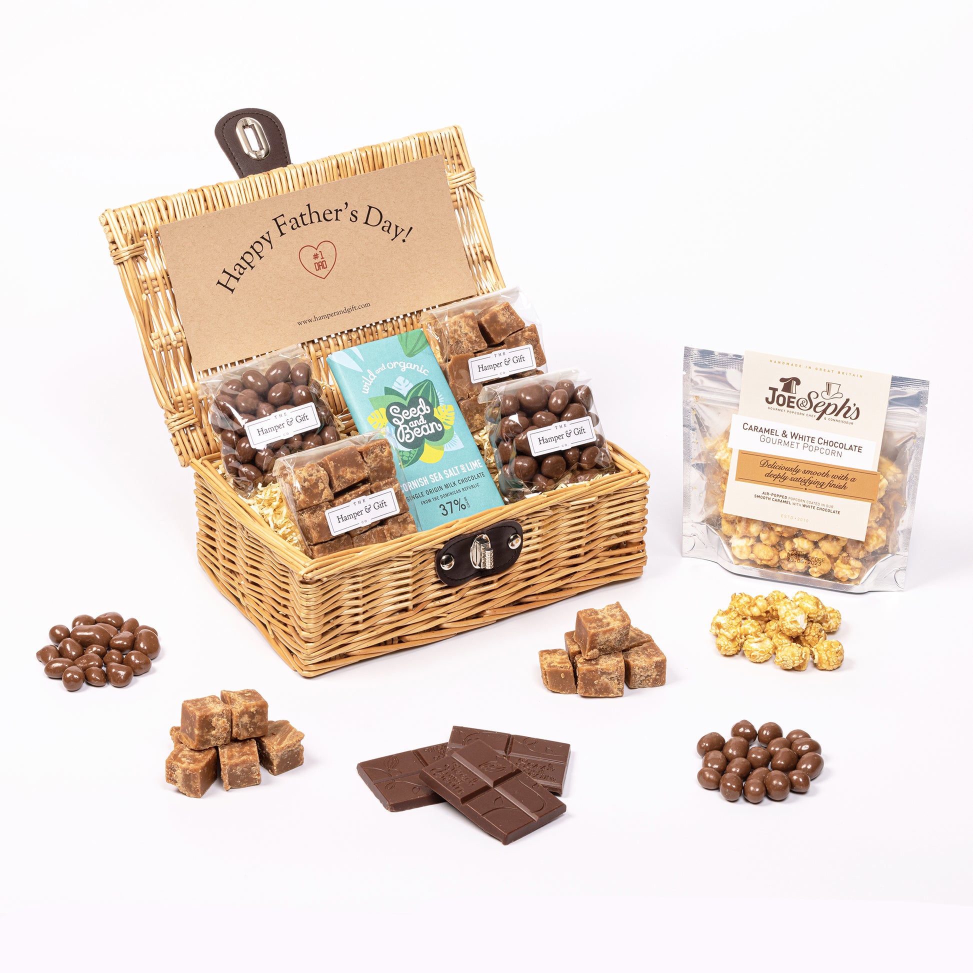 Fathers Day Chocolate & Fudge Hamper filled with a variety of chocolate, fudge and gourmet popcorn