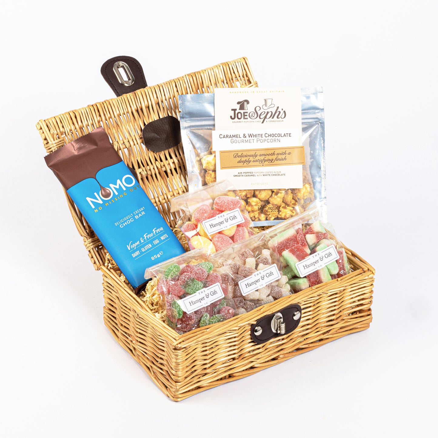 Little Gluten Free Hamper filled with a variety of chocolate, sweets and gourmet popcorn