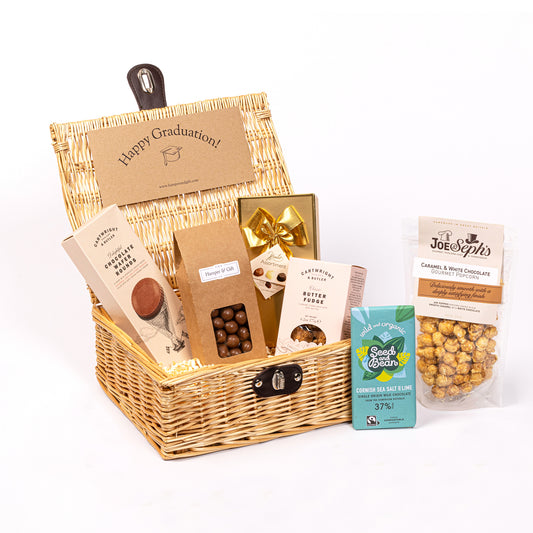 Graduation Chocolate & Fudge Hamper filled with a variety of chocolate, fudge, biscuit and gourmet popcorn
