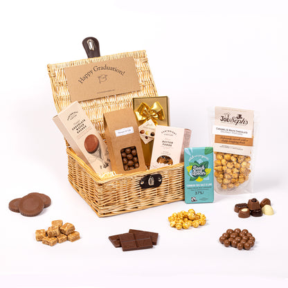 Graduation Chocolate & Fudge Hamper filled with a variety of chocolate, fudge, biscuit and gourmet popcorn