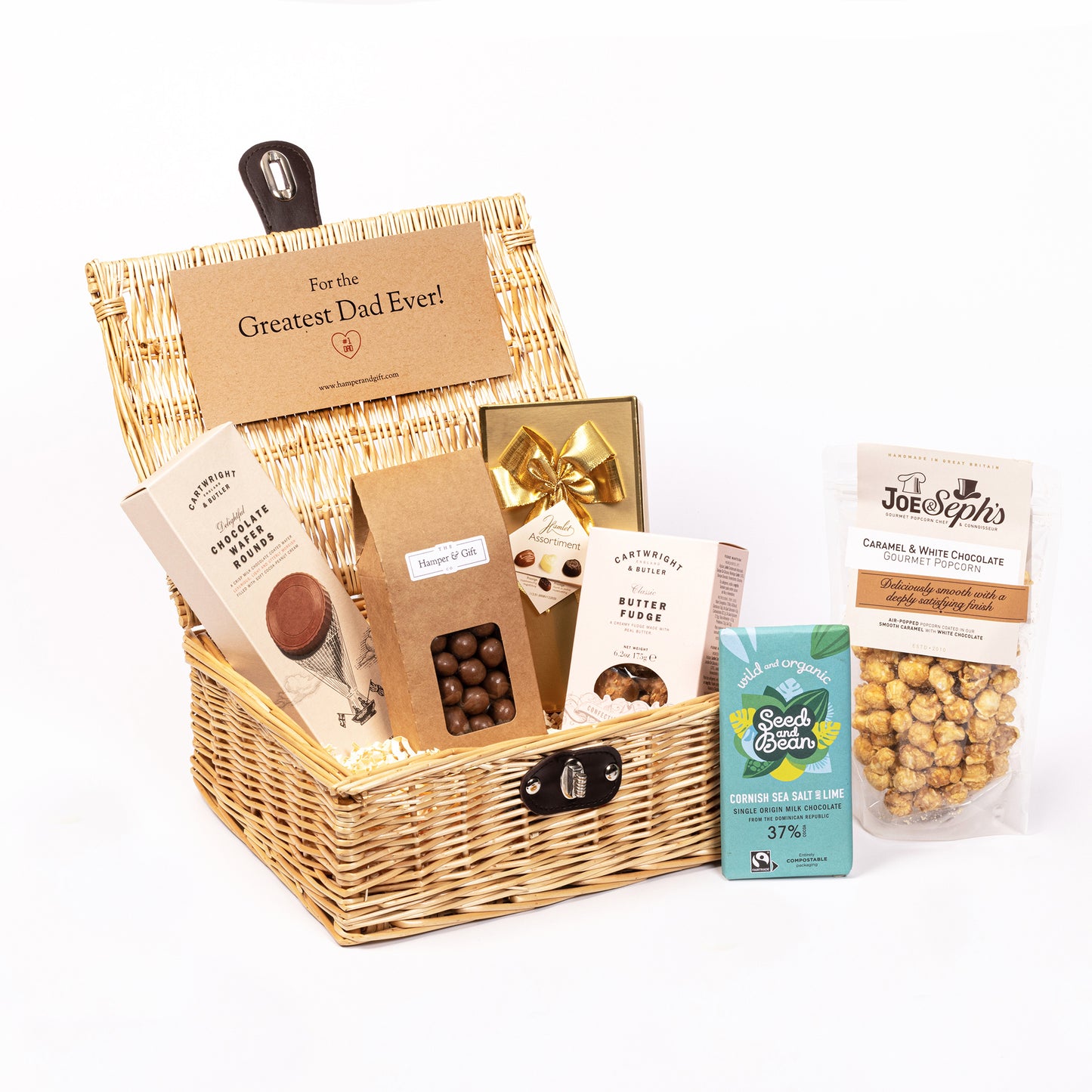 Greatest Dad Chocolate & Fudge Hamper filled with a variety of chocolate, fudge, biscuit and gourmet popcorn