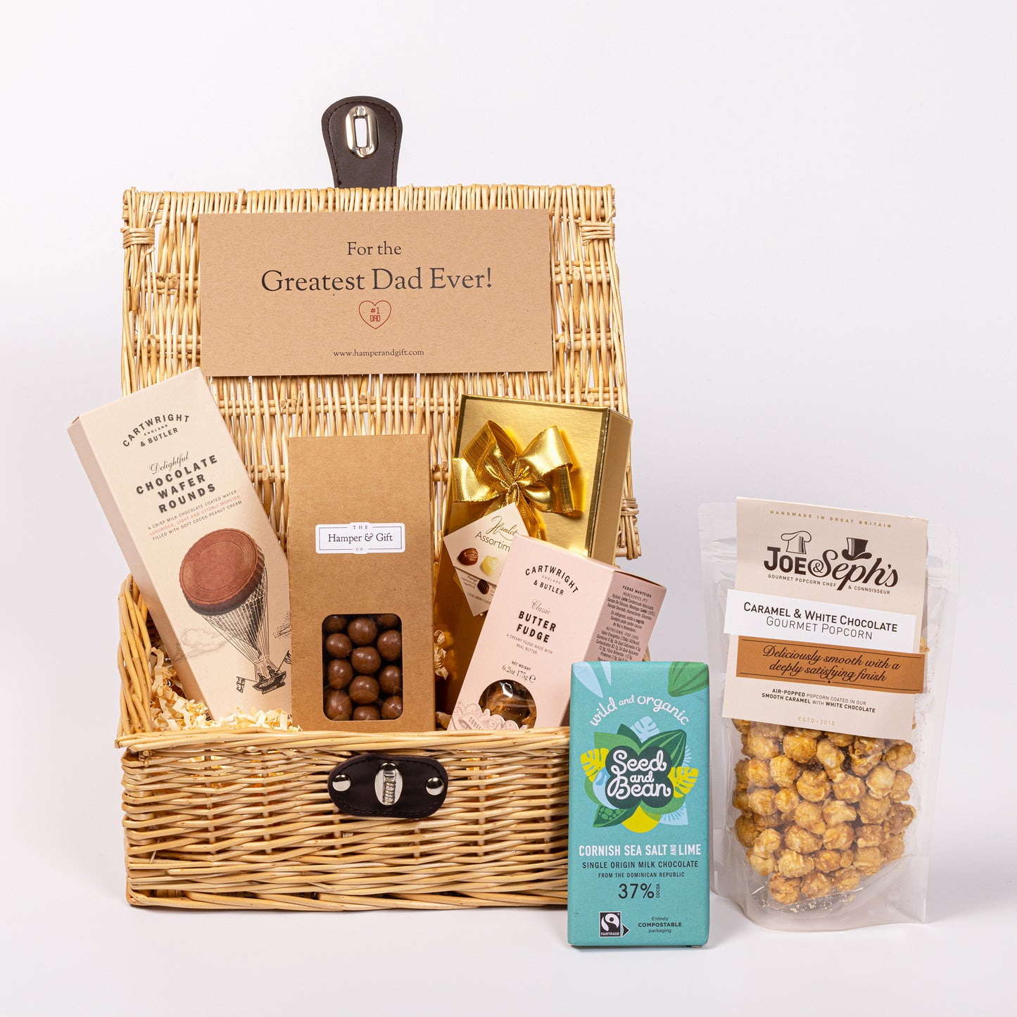 Greatest Dad Chocolate & Fudge Hamper filled with a variety of chocolate, fudge, biscuit and gourmet popcorn