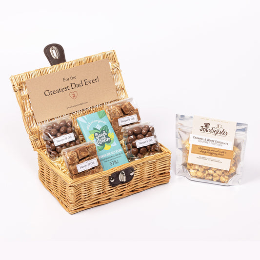 Greatest Dad Hamper filled with chocolate, fudge and gourmet popcorn