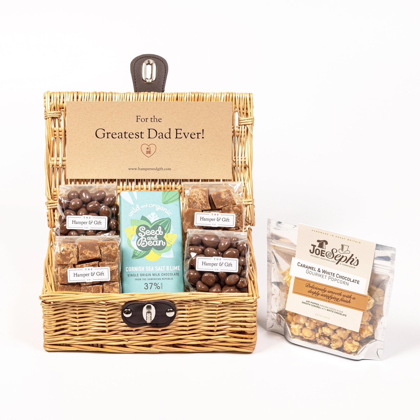 Greatest Dad Hamper filled with chocolate, fudge and gourmet popcorn