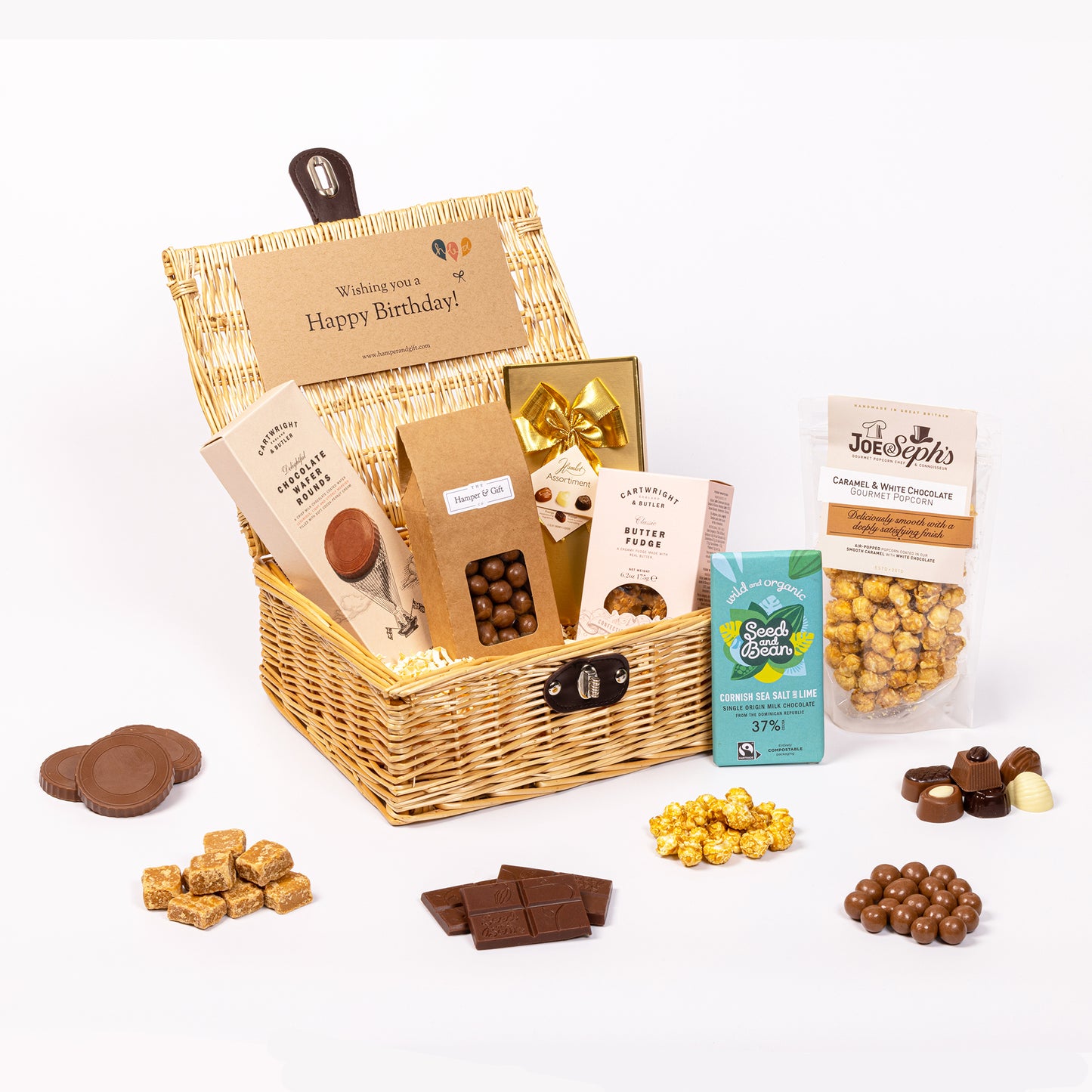 Happy Birthday Chocolate & Fudge Hamper filled with a variety of chocolate, fudge, biscuit and gourmet popcorn