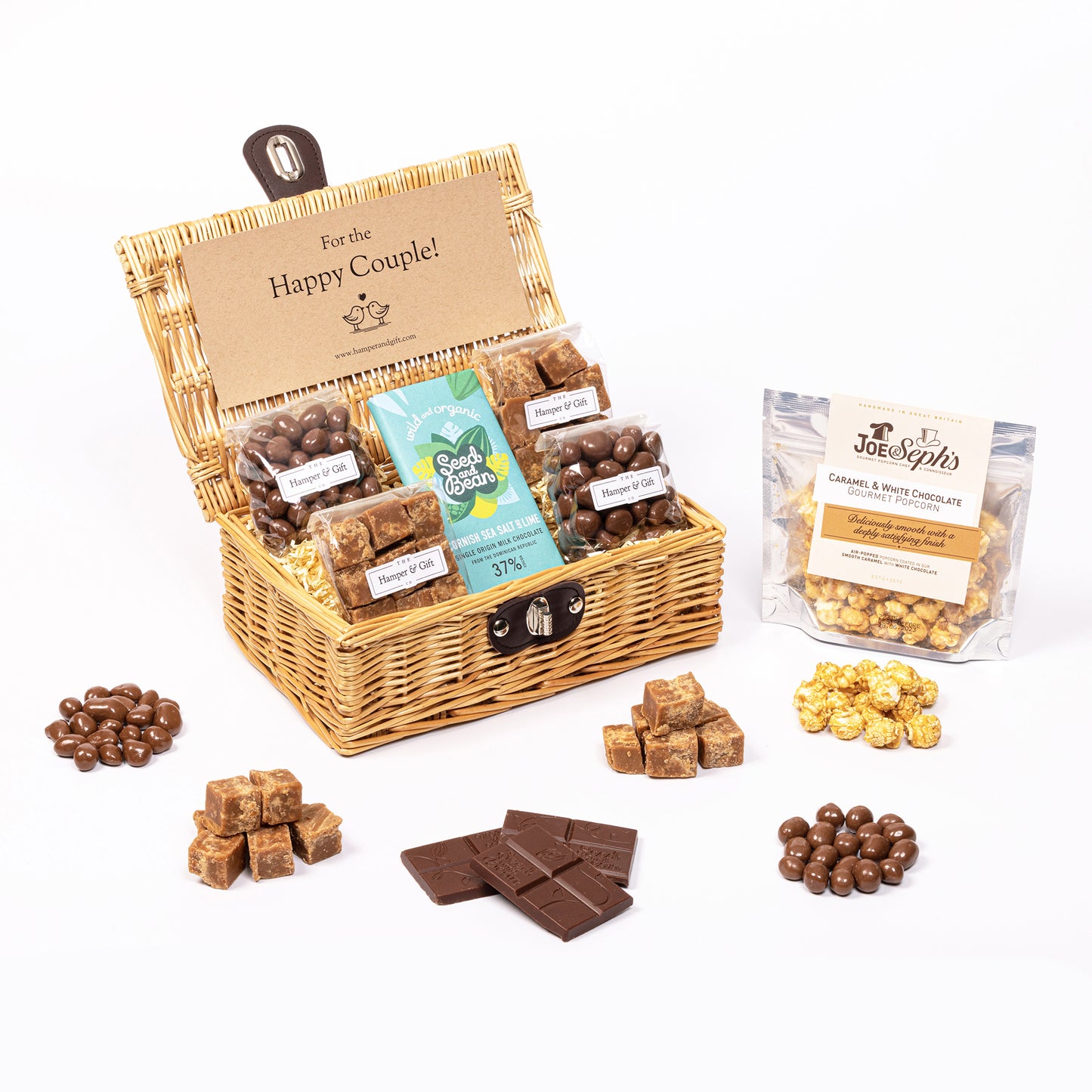 Little Happy Couple Hamper filled with chocolate, fudge and gourmet popcorn
