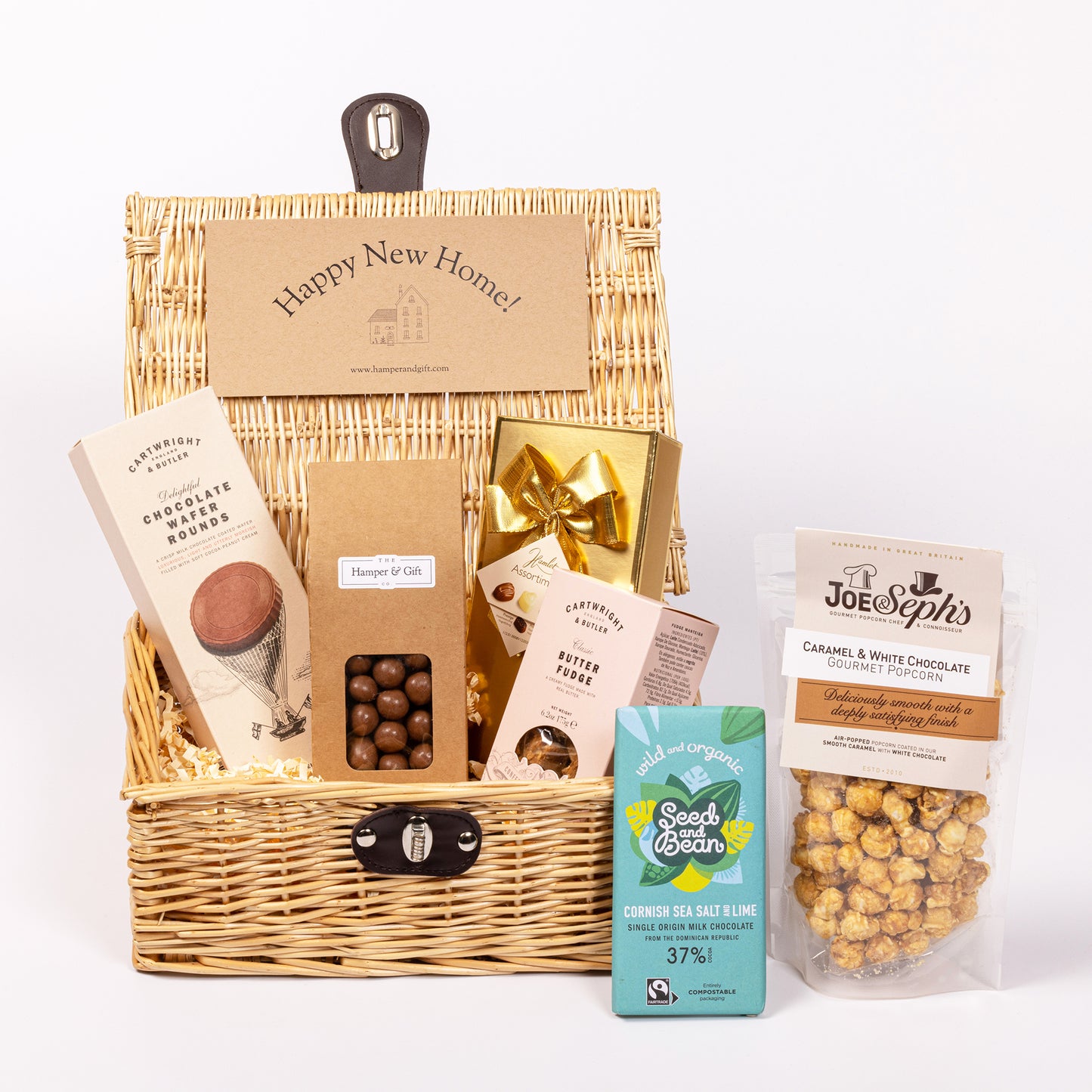 Housewarming Chocolate & Fudge Hamper filled with a variety of chocolate, fudge, biscuit and gourmet popcorn