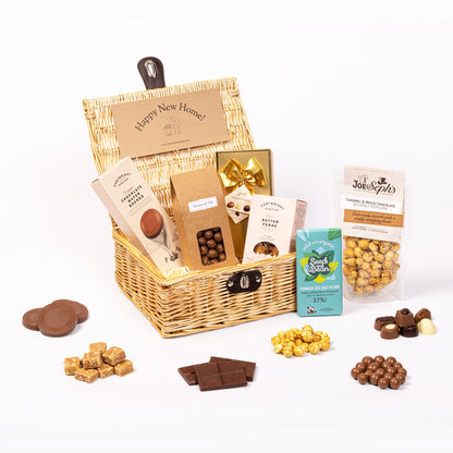Housewarming Chocolate & Fudge Hamper filled with a variety of chocolate, fudge, biscuit and gourmet popcorn