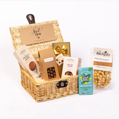 I Love You Chocolate & Fudge Hamper filled with a variety of chocolate, fudge, biscuit and gourmet popcorn