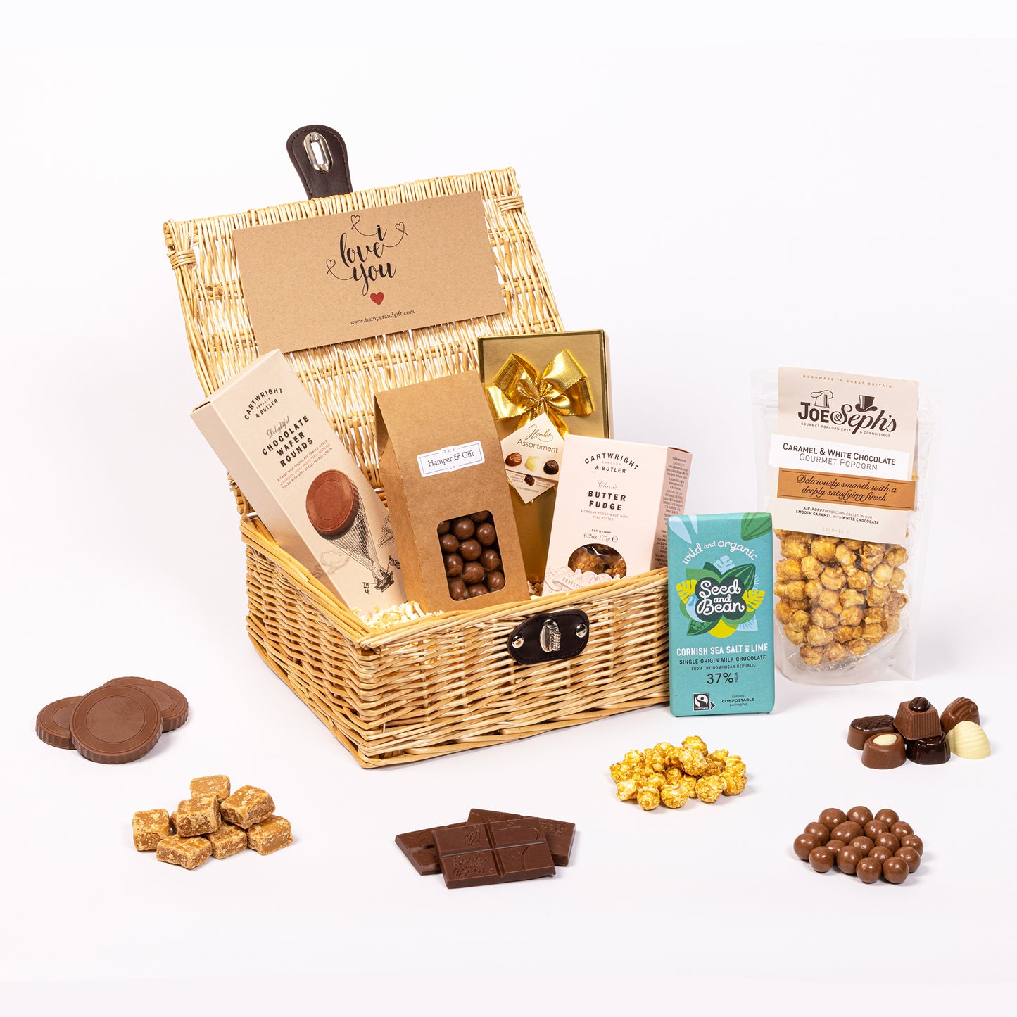 I Love You Chocolate & Fudge Hamper filled with a variety of chocolate, fudge, biscuit and gourmet popcorn