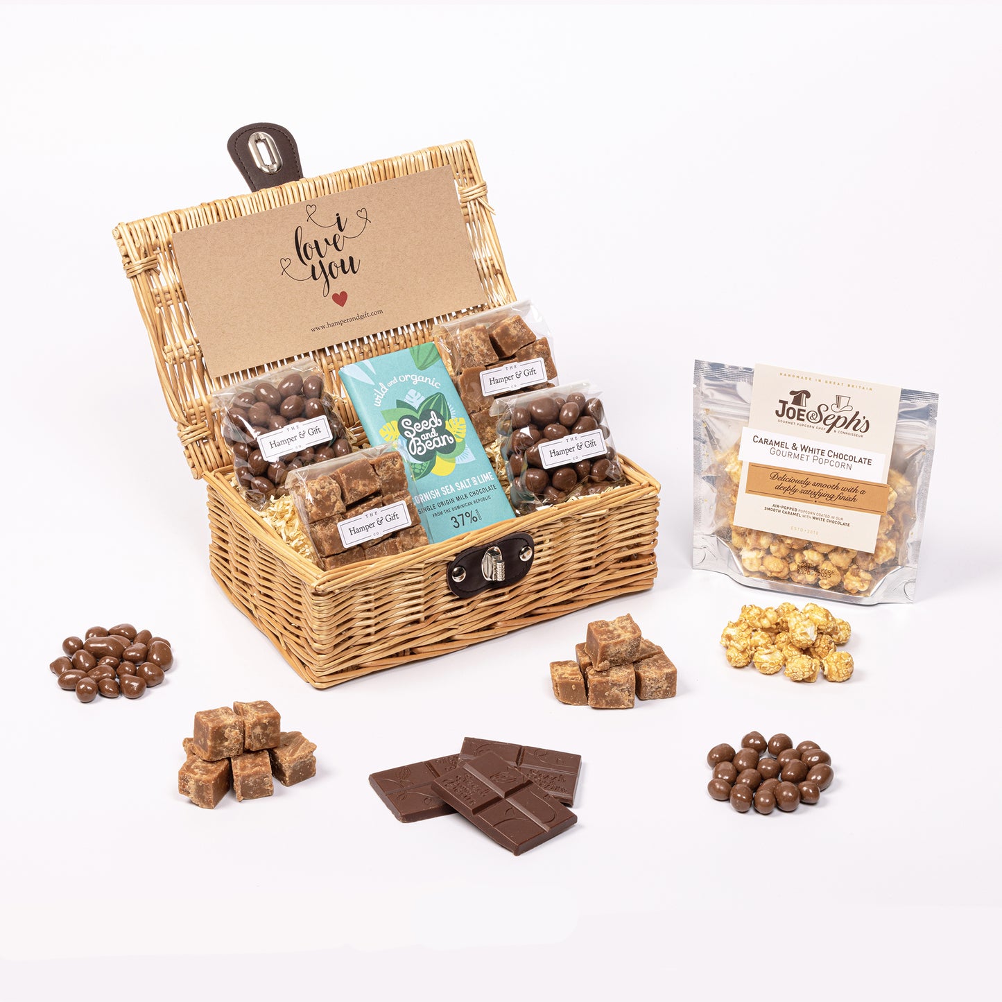 I Love You Hamper filled with chocolate, fudge and gourmet popcorn