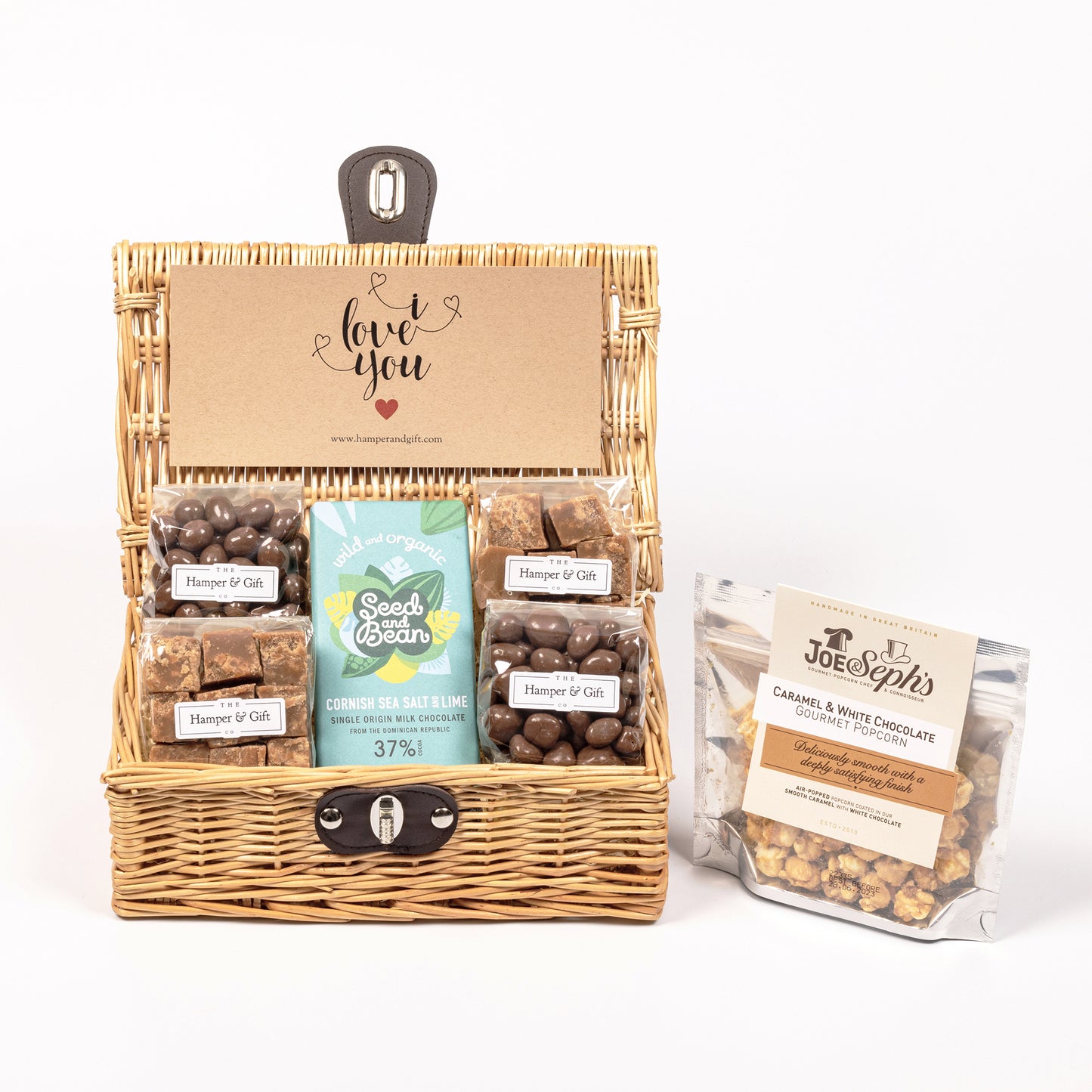 I Love You Hamper filled with chocolate, fudge and gourmet popcorn