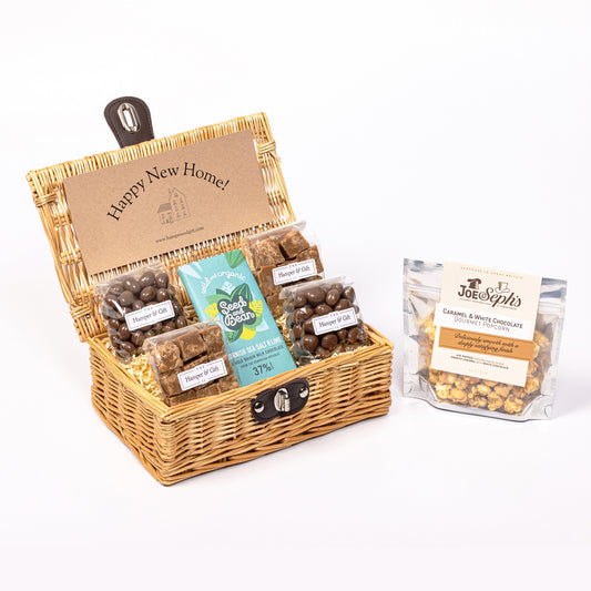 Little Housewarming Hamper filled with chocolate, fudge and gourmet popcorn