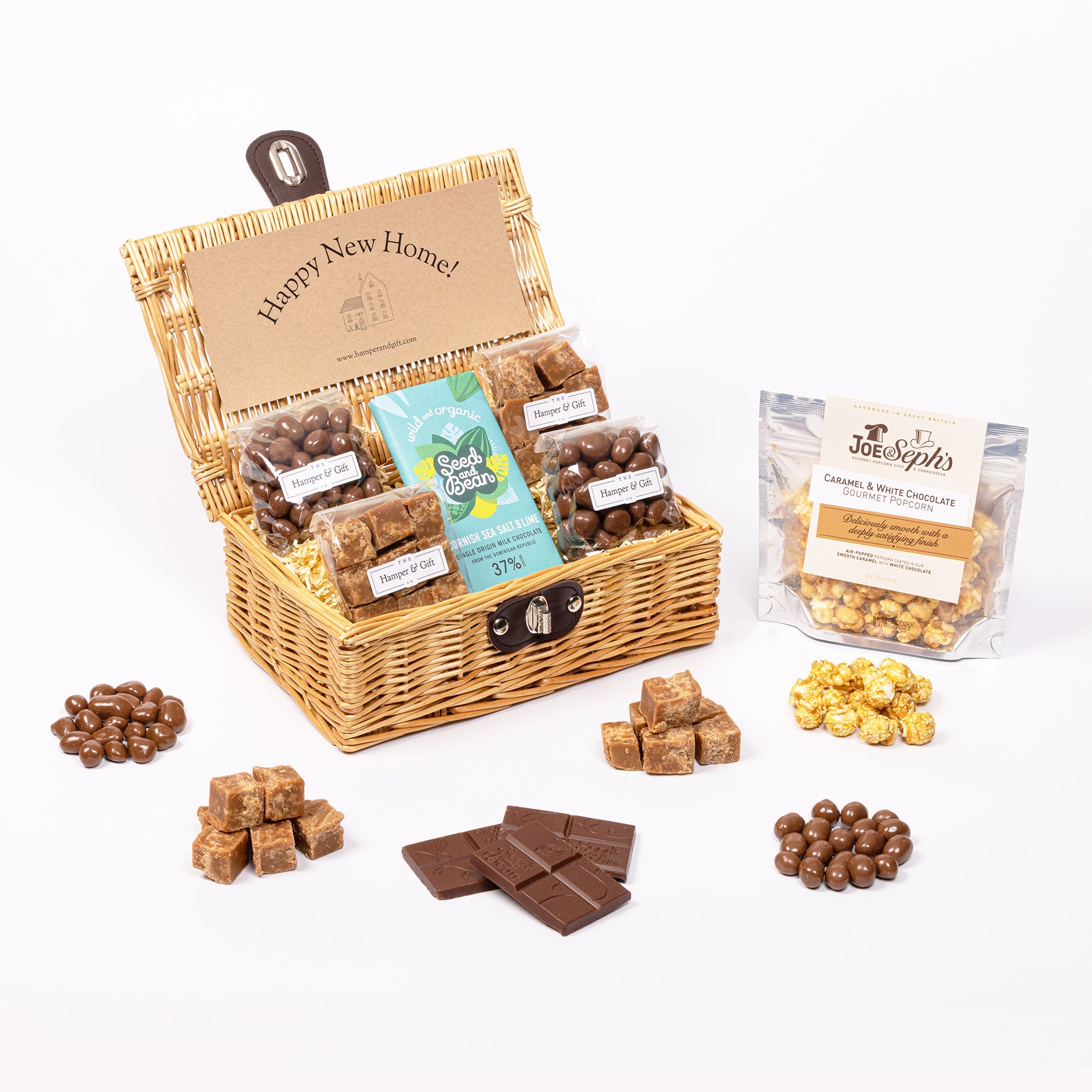 Little Housewarming Hamper filled with chocolate, fudge and gourmet popcorn