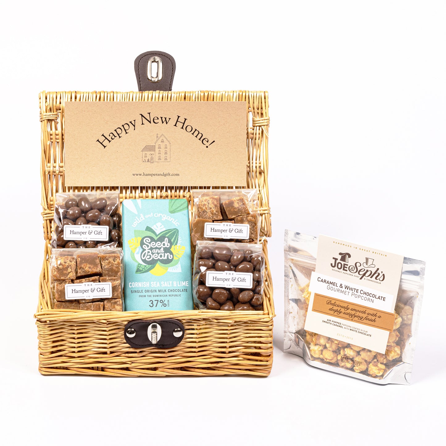 Little Housewarming Hamper filled with chocolate, fudge and gourmet popcorn