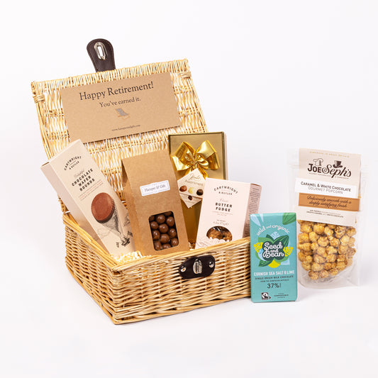 Retirement Chocolate & Fudge Hamper filled with a variety of chocolate, fudge, biscuit and gourmet popcorn