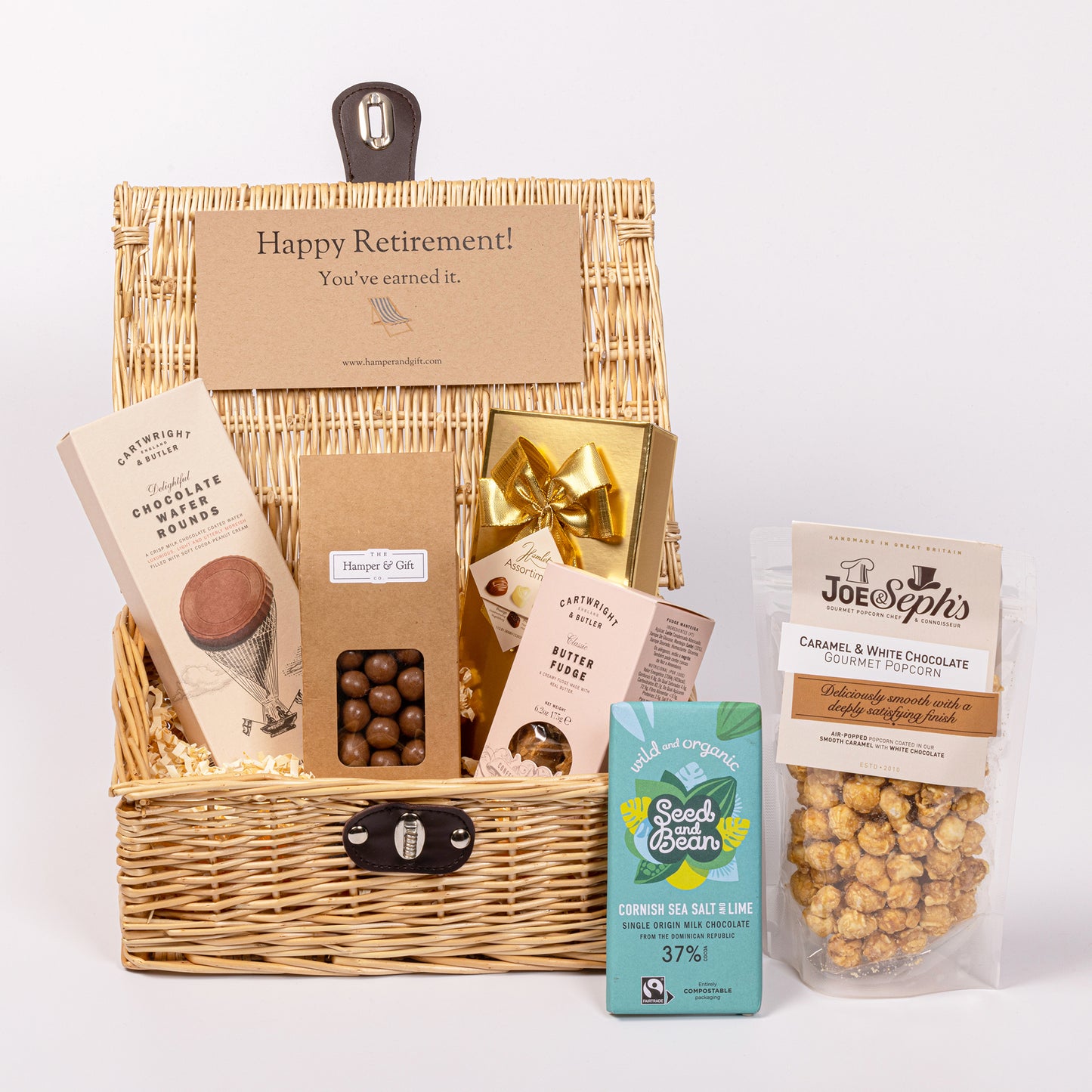 Retirement Chocolate & Fudge Hamper filled with a variety of chocolate, fudge, biscuit and gourmet popcorn