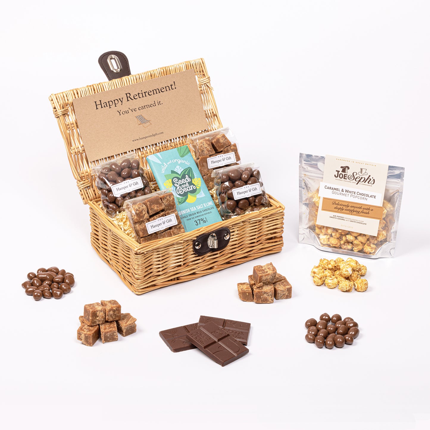 Little Retirement Hamper filled with chocolate, fudge and gourmet popcorn