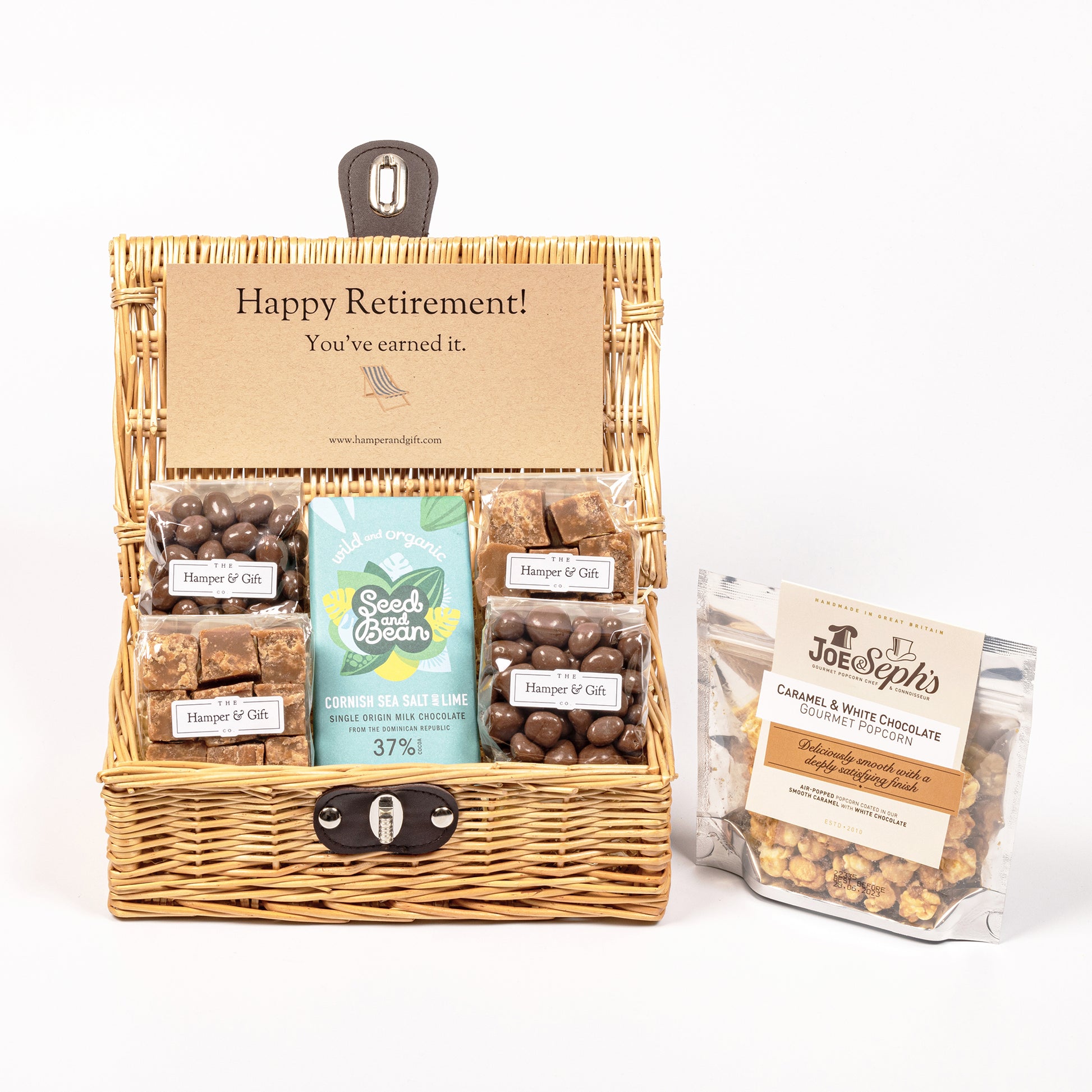 Little Retirement Hamper filled with chocolate, fudge and gourmet popcorn