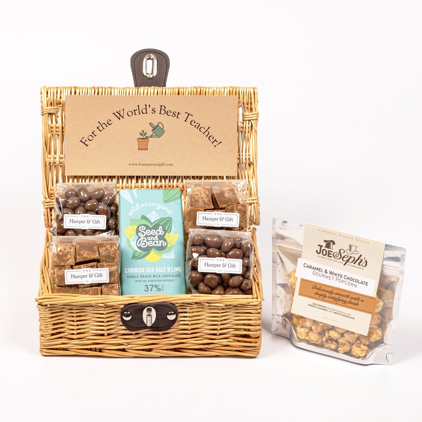 Worlds Best Teacher Hamper filled with chocolate, fudge and gourmet popcorn