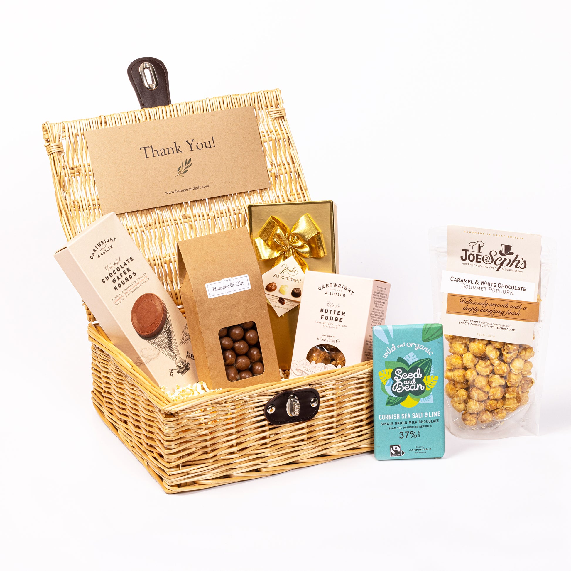 Thank You Chocolate & Fudge Hamper filled with a variety of chocolate, fudge, biscuit and gourmet popcorn