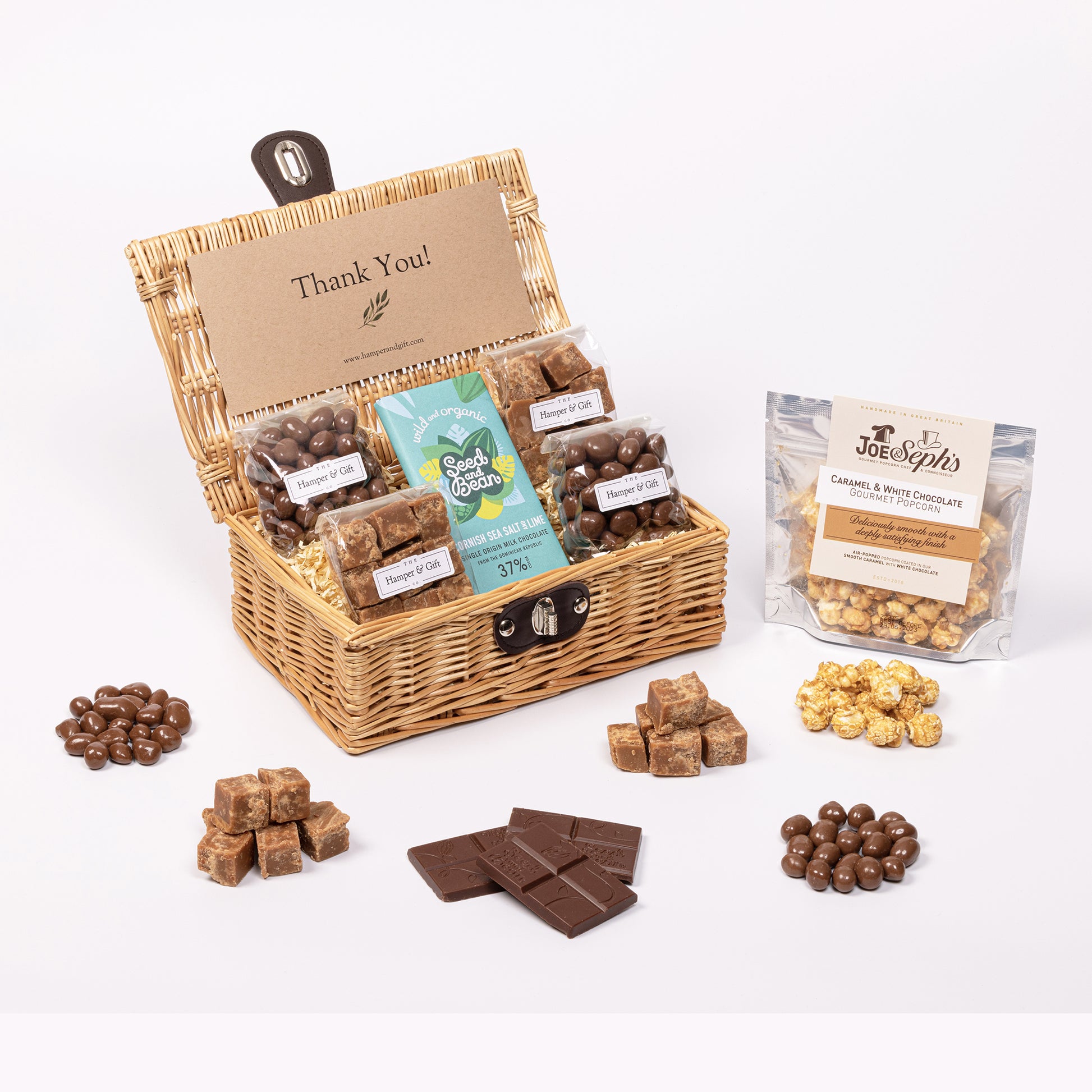 Thank You Hamper filled with chocolate, fudge and gourmet popcorn